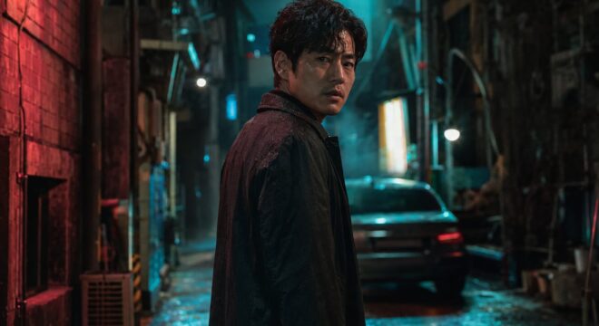도심 골목을 걷는 가상 액션 영화 주인공